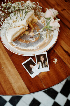 Wedding cake with photos of the bride and groom