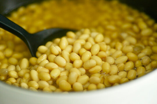 Closeup of cooked soybeans ready for making homemade soy milk
