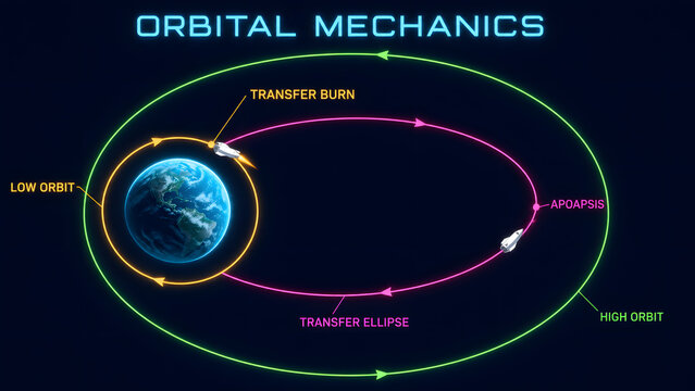 Orbital Mechanics Maps Transfer Burn Ellipse and Higher Orbit