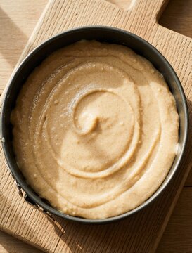 Top view of raw cake batter in round springform pan on wooden board. Unbaked sponge mixture with cinnamon swirls ready for oven. Homemade pastry dough preparation for pear cake recipe. Healthy