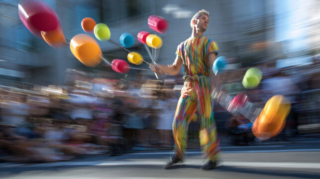 Talented street performer juggling colorful vibrant clubs outdoors with blurred motion and bright sunlight during show