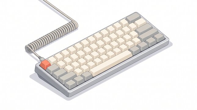 Isometric mechanical keyboard with blank keycaps and a coiled cable