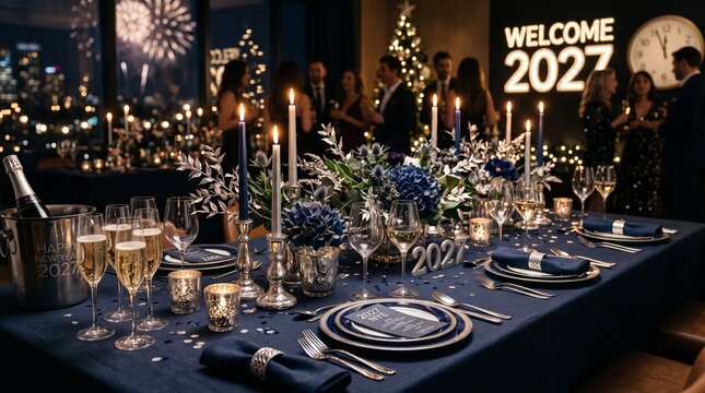 Elegant New Years Eve Dinner Party Celebration With Fireworks And Champagne