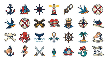 Obraz premium Nautical Tattoo Flash Set Icons: Anchor, Ship, Compass, Lighthouse, Octopus, Skull