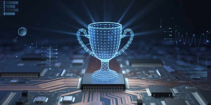 A glowing blue digital trophy rendered in a wireframe mesh style, positioned on of a complex computer circuit board with visible copper traces, data streams, and electronic components