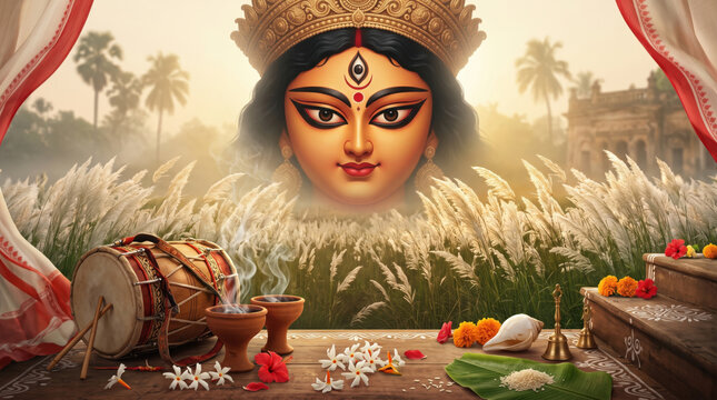 Traditional Bengali Durga Face Surrounded by Kash Flowers, Dhak and Dhunuchi in Sharodiya Bengal for Durga Puja and Navratri