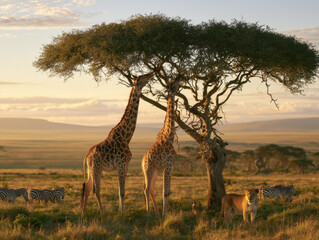Fototapeta premium Two tall giraffes browsing acacia tree leaves alongside lioness resting on golden savannah grass during vibrant African safari sunset with grazing zebras in serengeti wild landscape nature