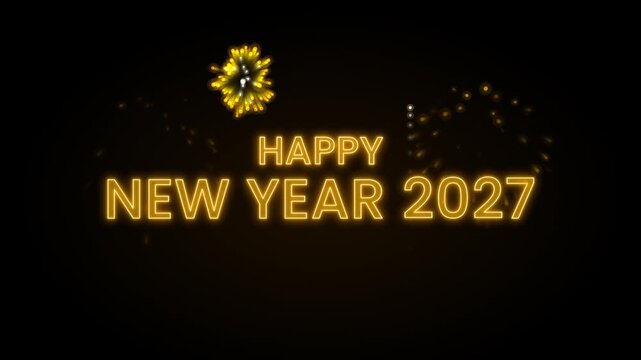 New Year 2027 Celebration Animation, Bright Glowing Neon Text, Dark Background Fireworks Display