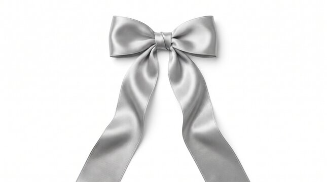 Elegant Silver Satin Ribbon Bow with Flowing Tails Isolated on White Background