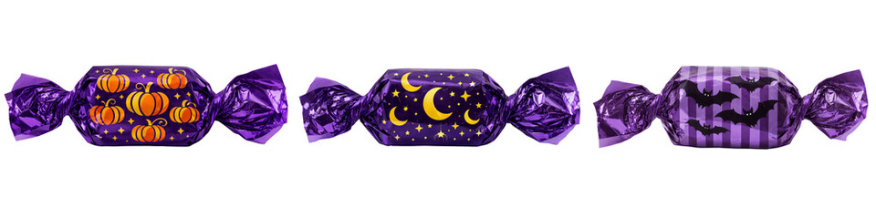 Halloween wrapped candies set isolated PNG, purple sweet treats with pumpkin moon and bat patterns on transparent background, trick or treat snack collection © Bright Stock