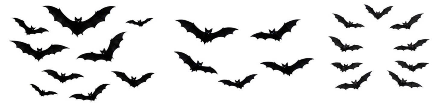 Flying bats silhouette set isolated PNG, swarms of black scary bats on transparent background, halloween party decoration elements