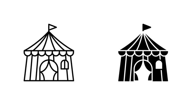 Circus tent icon set with outline and solid black graphic styles for carnival and entertainment events.