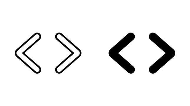 Arrow brackets code symbol outline and solid vector icons for web programming.