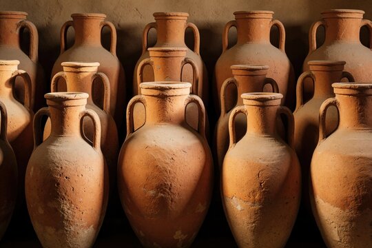Group of ancient terracotta amphorae in dark storage room. Many clay pottery vessels stand in rows for wine oil transport. Old ceramic containers show historic mediterranean trade artifacts from