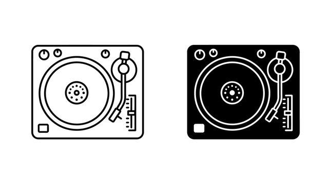 Turntable music player deck icons for dj equipment and vinyl audio performance.