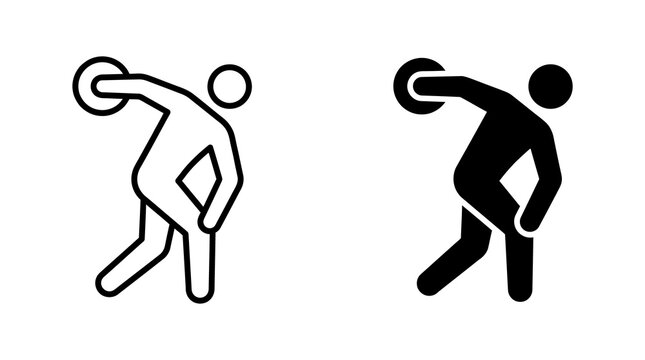 Discus thrower athlete icon with outline and solid styles for summer sports events.