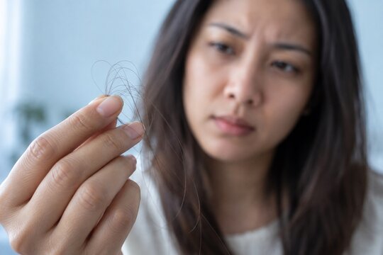 Asian Woman Worried About Hair Loss and Excessive Hair Fall
