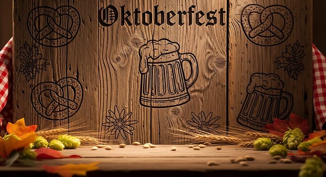Oktoberfest beer steins and hops on rustic wooden background