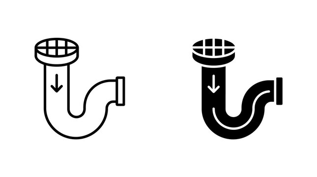 Industrial plumbing pipe drain icons with black outline and solid shapes for construction and maintenance plumbing service graphics.