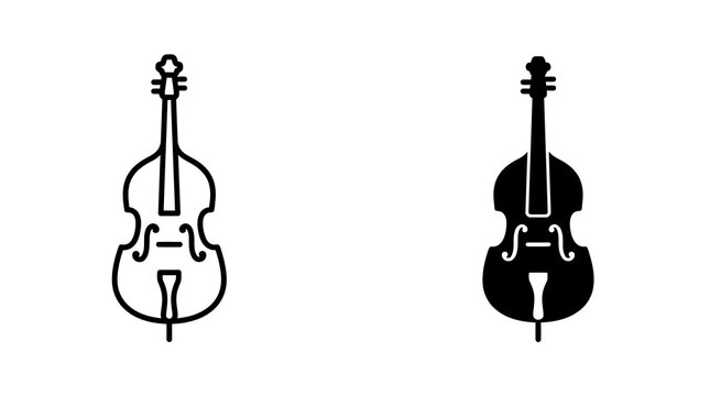 Cello and double bass musical instrument icons featuring black outline and solid silhouettes for orchestra and classical music events.