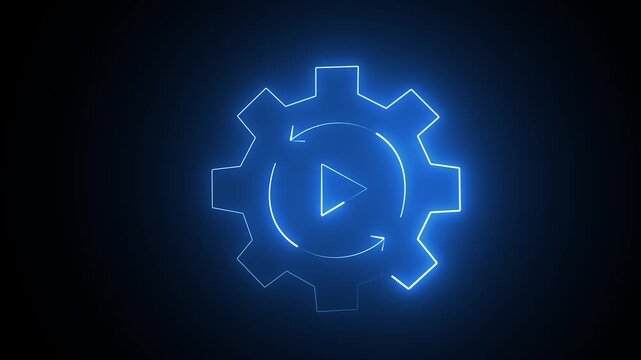 Neon play button inside gear rotates on transparent background animation rotating circular glowing geometric motion loop pause start stop playback