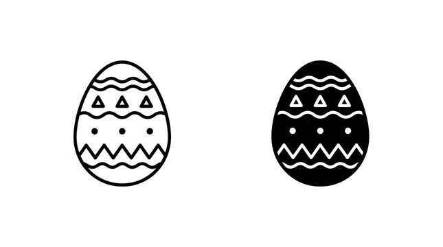 Easter egg icons with geometric patterns in black outline and solid style for seasonal holiday designs.
