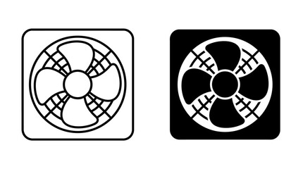Ventilation fan mechanical icons in black outline and solid style for air cooling and climate control systems. © Iqrabatool