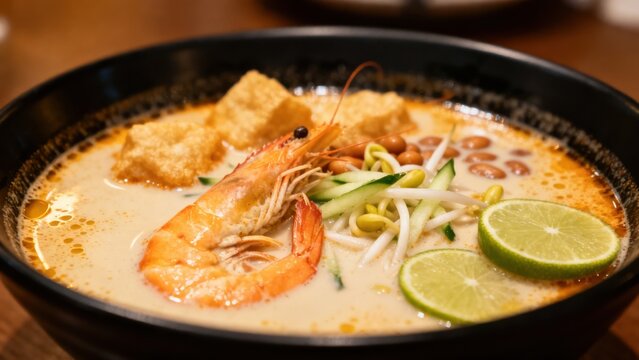 A spicy and creamy Singaporean laksa, in a deep bowl, with rice vermicelli, prawns, fish cakes, cockles, bean sprouts, and tofu puffs, immersed in a rich coconut curry broth infused with lemongrass an