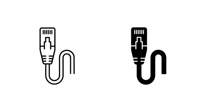 Ethernet cable connector icon in outline and solid black styles for network connectivity and internet hardware concepts.