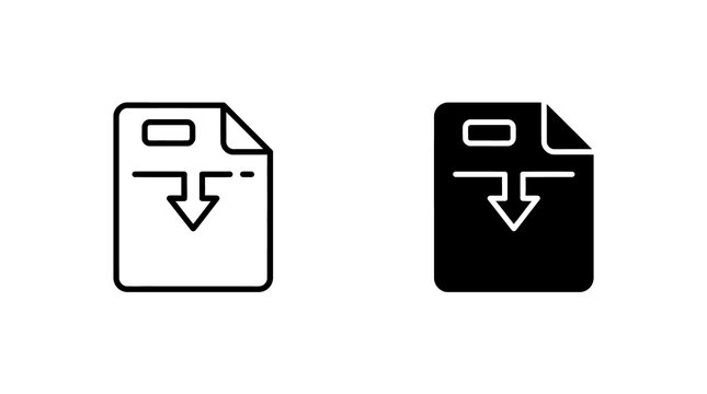 Document download file icons with arrow symbol in black outline and solid style for data management and web navigation.