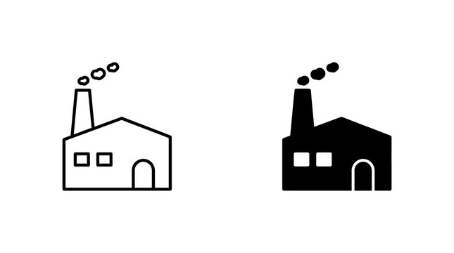 Industrial factory building icons with smoke stacks in black outline and solid style for manufacturing and production design.