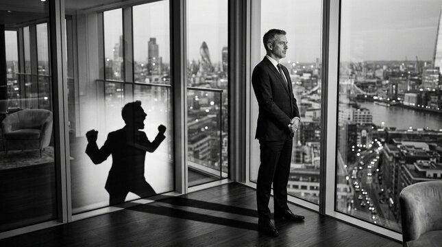 Businessman's shadow reflects inner turmoil overlooking city skyline