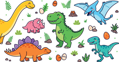 Cute Cartoon Dinosaur Vector Set with Tyrannosaurus Rex, Triceratops, Stegosaurus, and Pterodactyl Icons for Kids Design Elements © MdRobiul