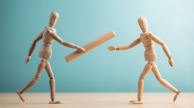 Two wooden mannequins fighting with a wooden stick