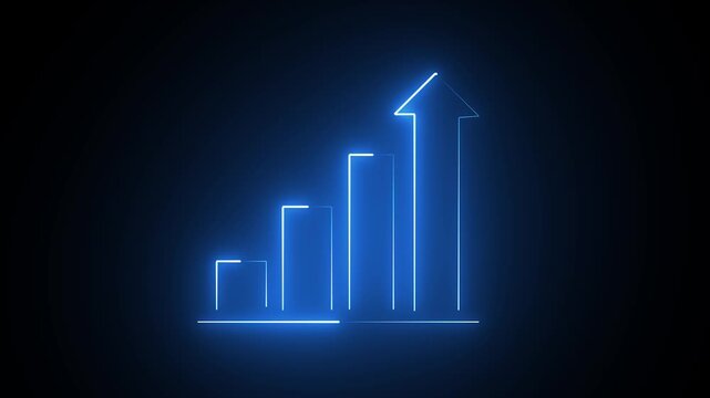 Neon bar graph increases in height across four frames on transparent background growth progress increase rising ascending development advancement statistics