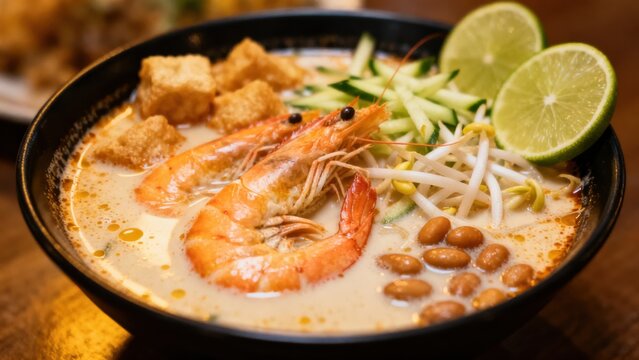 A spicy and creamy Singaporean laksa, in a deep bowl, with rice vermicelli, prawns, fish cakes, cockles, bean sprouts, and tofu puffs, immersed in a rich coconut curry broth infused with lemongrass an