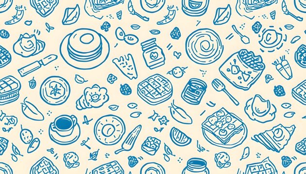 Seamless pattern of hand drawn breakfast food icons on cream background