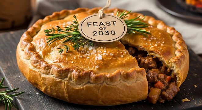 Savory meat pie with golden crust and festive Feast of 2030 branding