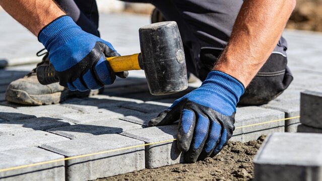 Worker laying concrete paving stones on a prepared outdoor surface, using a rubber mallet and guide line to align the blocks during professional landscape construction and hardscape installation