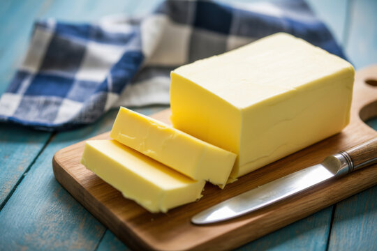 Butter block and slices on a wooden board with a knife and a cloth