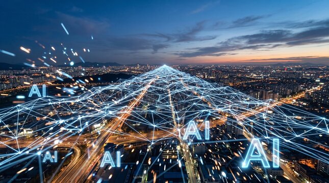 Futuristic AI network overlaying a sprawling city at dusk with glowing data streams and AI text