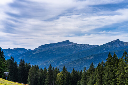 Beautiful panorama view of Allgaeu Alps with Hohe Ifen and Gottesackerwaende on hiking path from Sollereck on sunny summer day, Oberstdorf, Bavaria, Germany