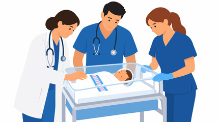 Fototapeta premium Flat color vector illustration of medical team caring for newborn baby in hospital bassinet, doctor and nurses with stethoscopes caring for infant, healthcare concept on clean white background