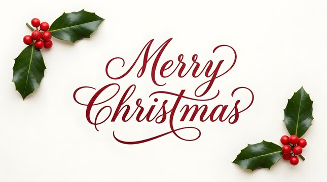 Merry christmas greeting with holly and red berries isolated on white background