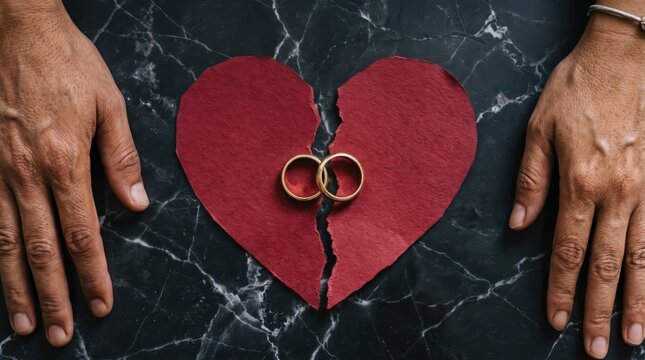 Hands of couple with two wedding rings on torn red paper heart after divorce.