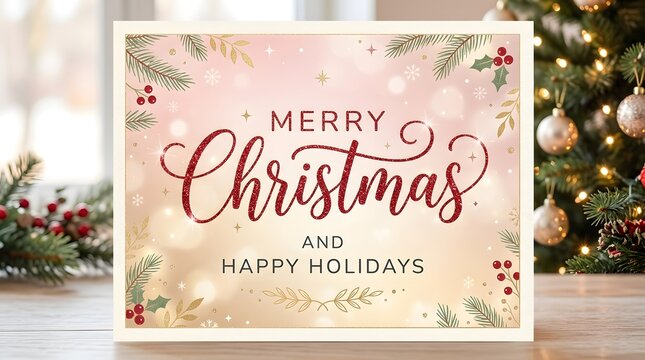 Merry christmas and happy holidays greeting card with glitter text and festive decorations