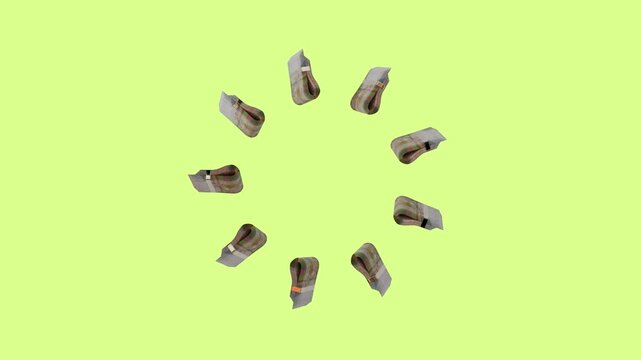 3D motion graphic loop of Bahamas 50 cents dollar cash bundles in seamless loop, isolated green screen backdrop. Best for wealth management.