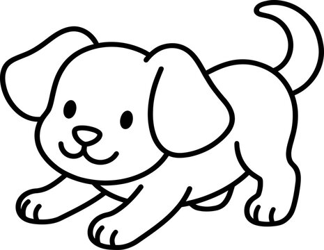Line drawing of a playful puppy with floppy ears and a wagging tail