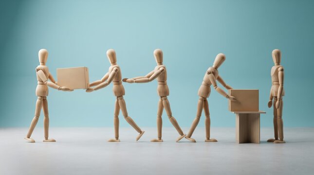 Wooden figure models exchanging cardboard boxes in a simple scene