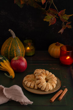 Puff pastry apple rings, fall still life with gourds